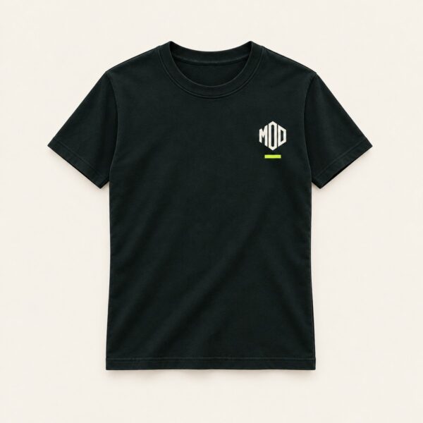 Concept ink T-shirt, front view, with a small angular MOD monogram on the left chest and a lime underline.