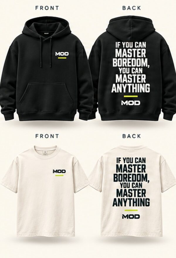 Master Boredom hoodie and T-shirt concept, front and back