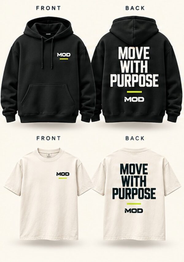 Move with Purpose hoodie and T-shirt concept, front and back