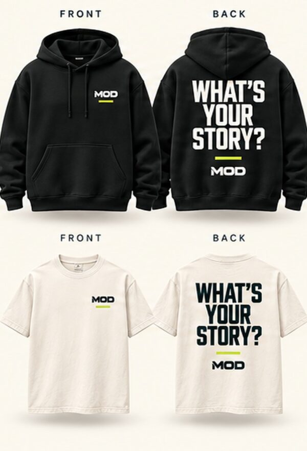 What’s Your Story? hoodie and T-shirt concept, front and back