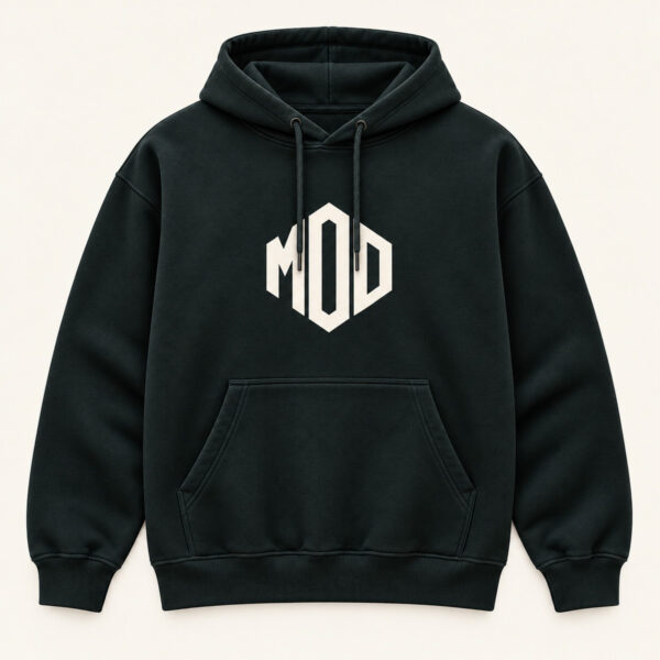 Concept ink hoodie, front view, with monogram MOD logo on the center chest.