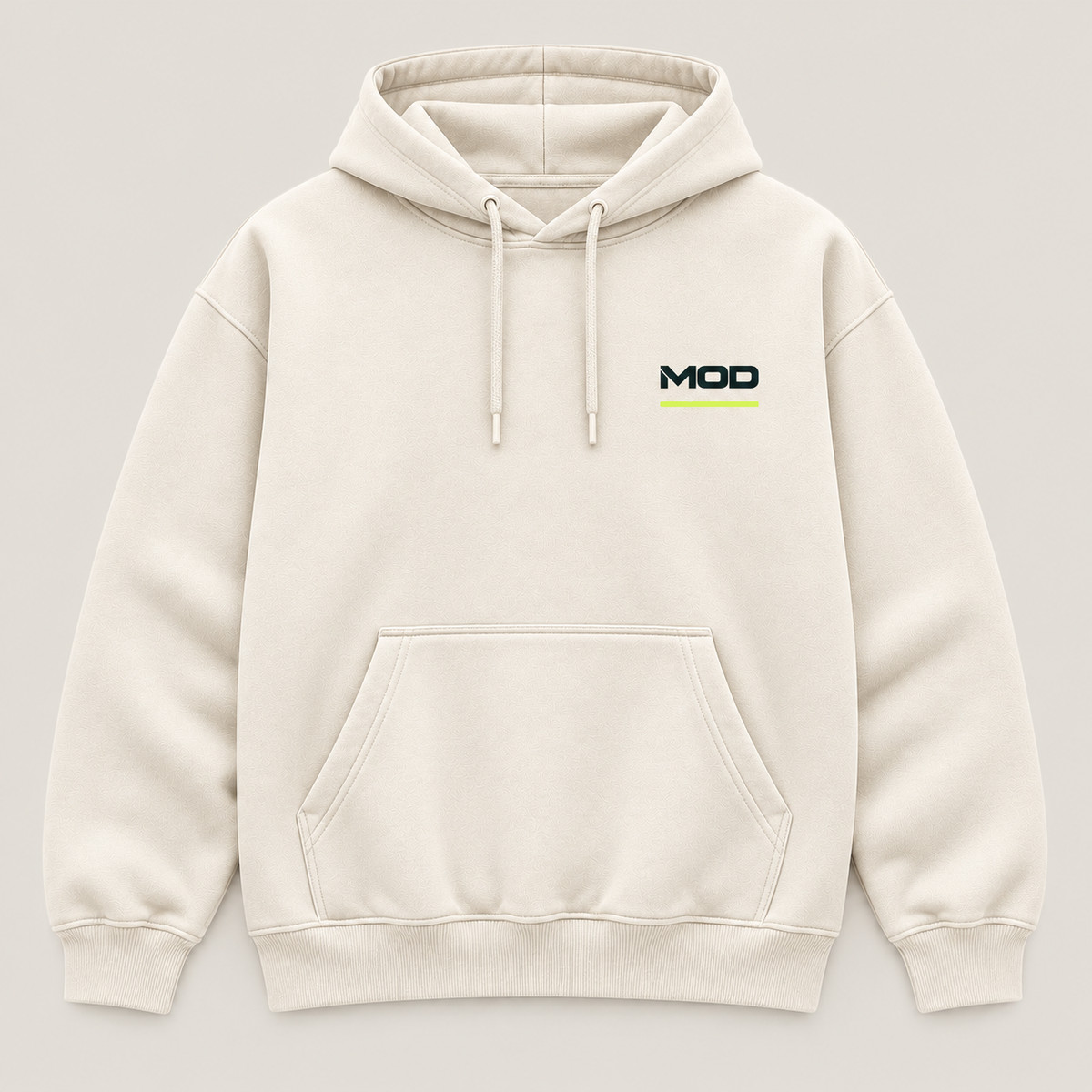 Concept ivory hoodie, front view, with wordmark MOD logo on the left chest.