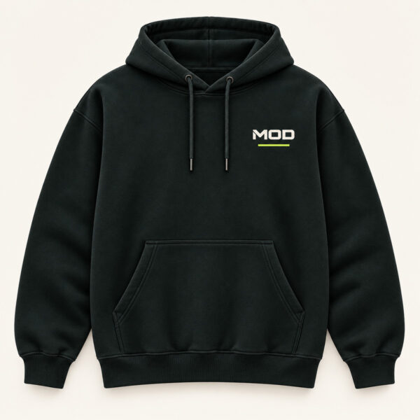Concept ink hoodie, front view, with wordmark MOD logo on the left chest.