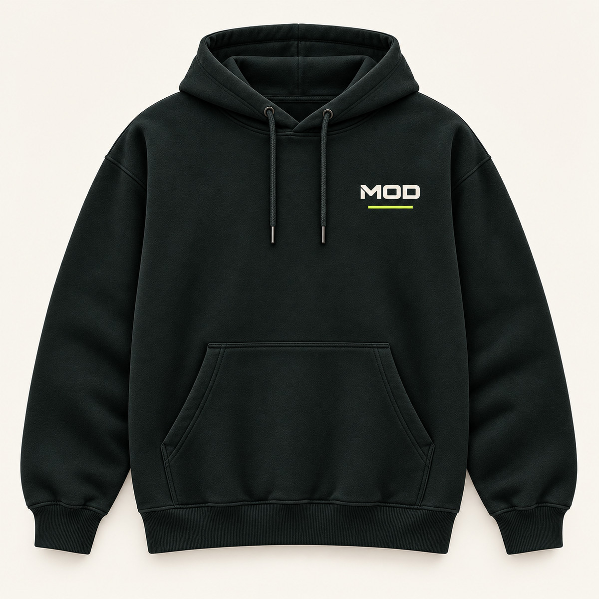 Concept ink hoodie, front view, with wordmark MOD logo on the left chest.
