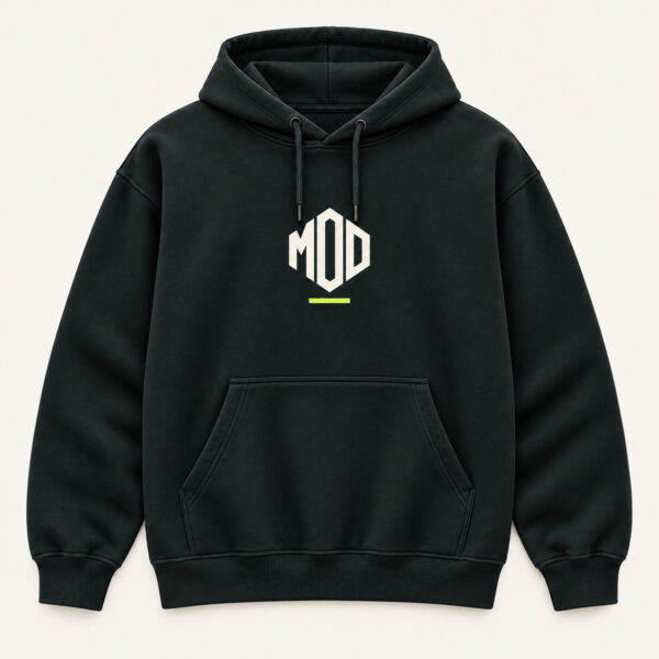 Concept ink hoodie, front view, with monogram MOD logo on the center chest.