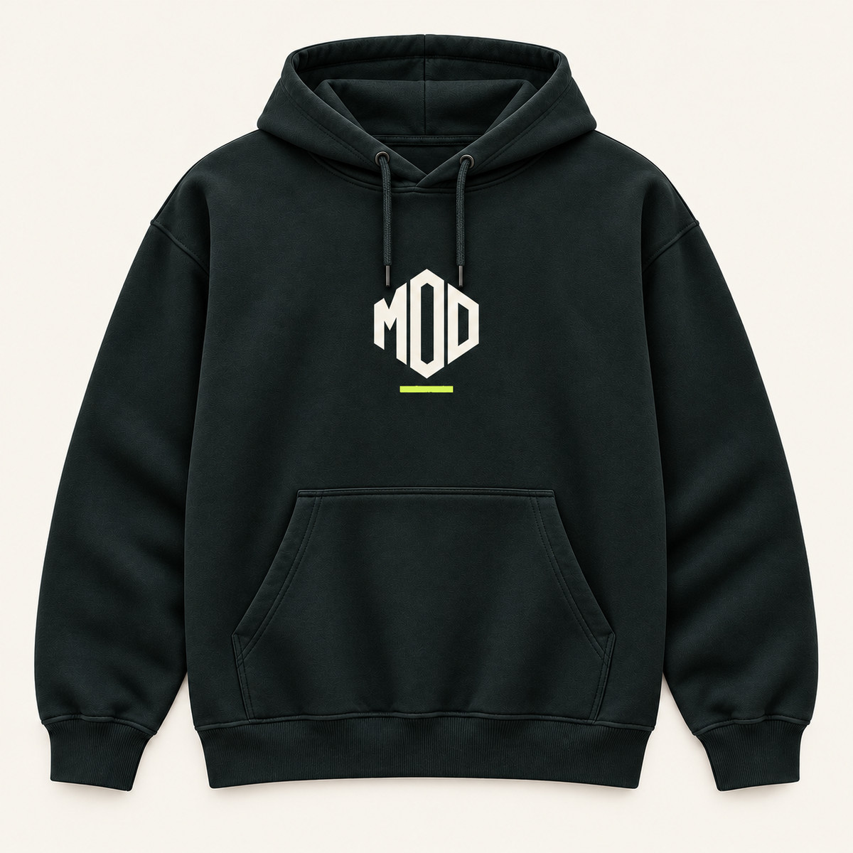 Concept ink hoodie, front view, with monogram MOD logo on the center chest.