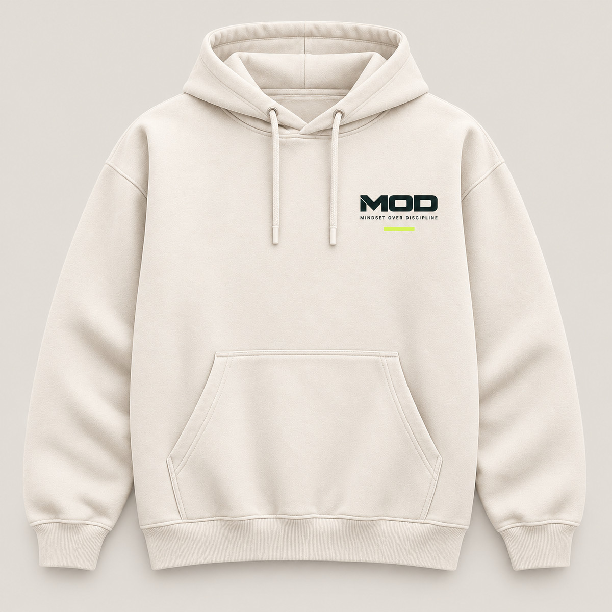 Concept ivory hoodie, front view, with wordmark MOD logo on the left chest.