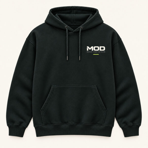 Concept ink hoodie, front view, with wordmark MOD logo on the left chest.