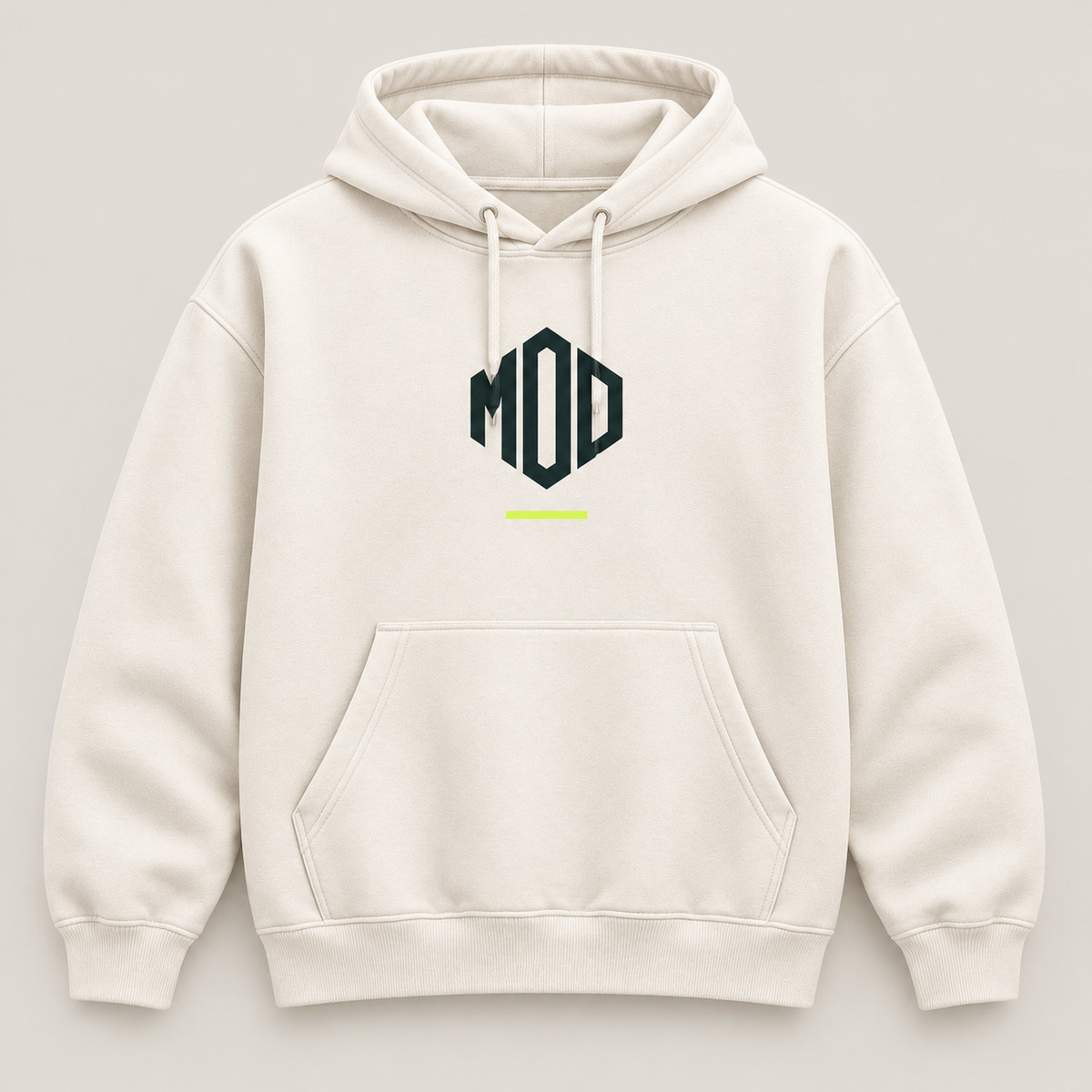 Concept ivory hoodie, front view, with monogram MOD logo on the center chest.