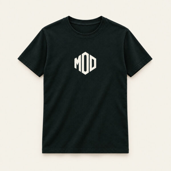 Concept ink T-shirt, front view, with a centred angular MOD monogram.