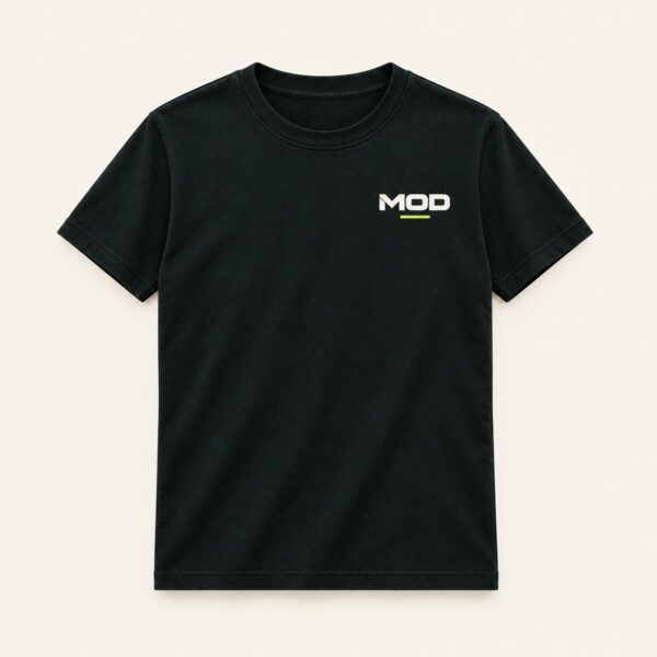 Concept ink T-shirt, front view, with a small left-chest MOD wordmark and lime underline.