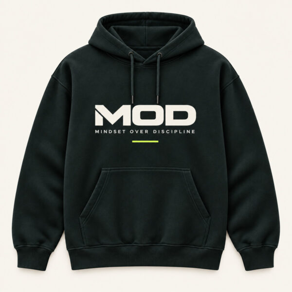 Concept ink hoodie, front view, with wordmark MOD logo on the center chest.