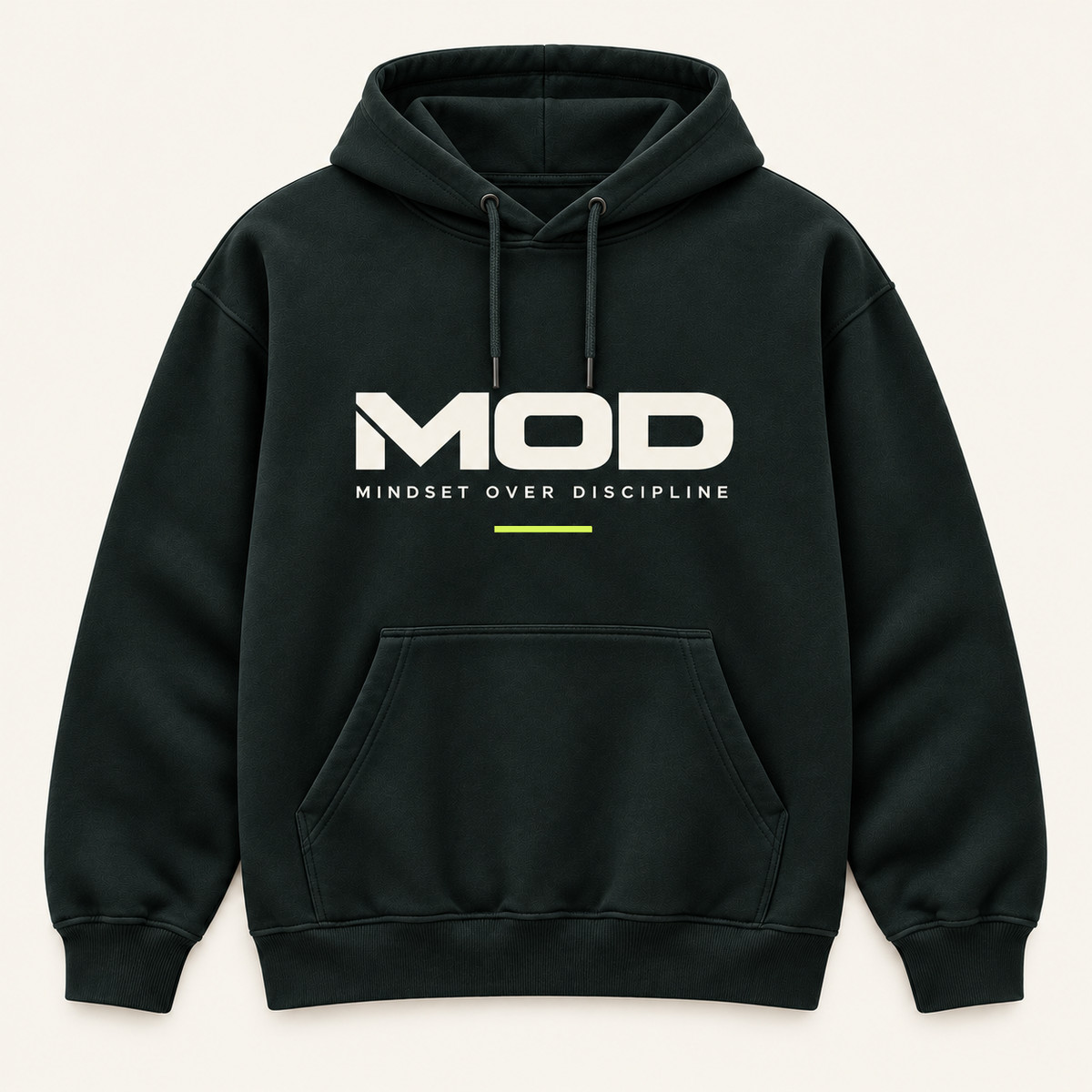 Concept ink hoodie, front view, with wordmark MOD logo on the center chest.
