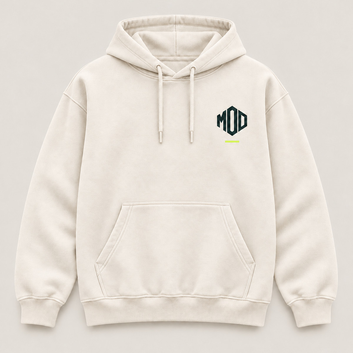Concept ivory hoodie, front view, with monogram MOD logo on the left chest.