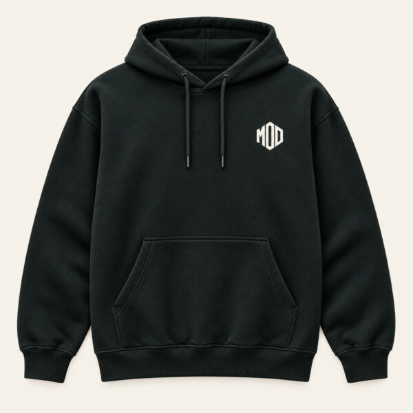 Concept ink hoodie, front view, with monogram MOD logo on the left chest.