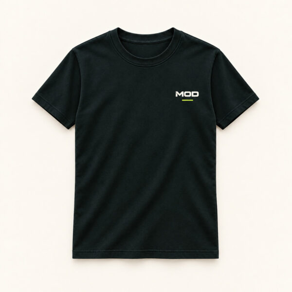 Concept ink T-shirt, front view, with a small left-chest MOD wordmark and lime underline.