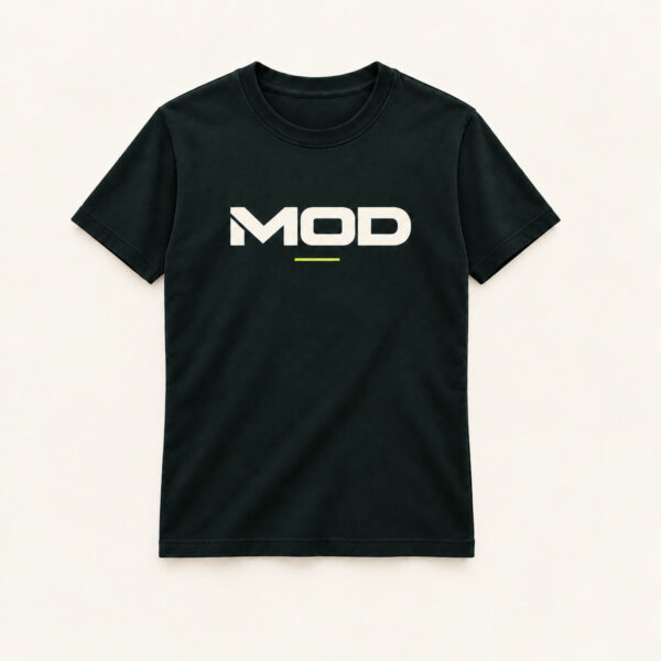 Concept ink T-shirt, front view, with a centred MOD wordmark and lime underline.