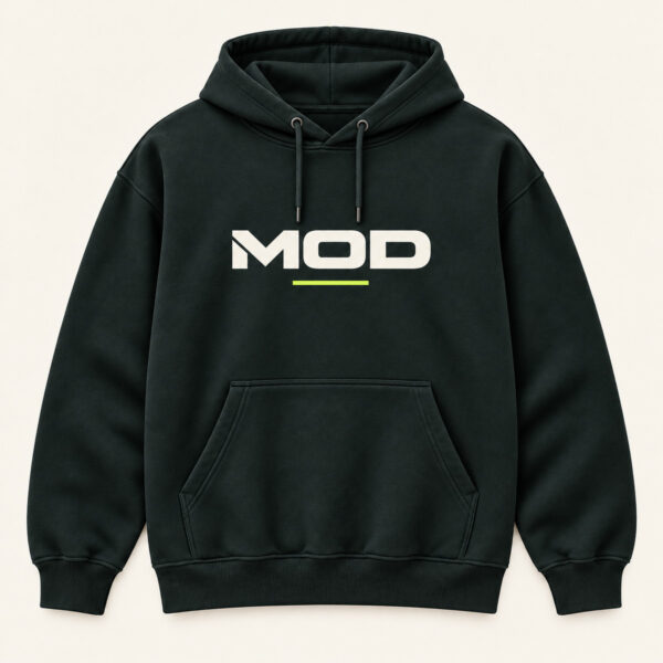 Concept ink hoodie, front view, with wordmark MOD logo on the center chest.