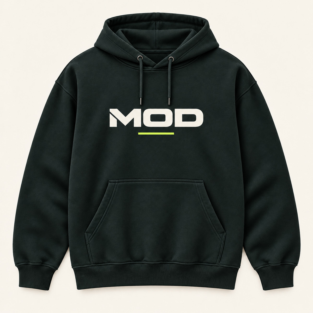 Concept ink hoodie, front view, with wordmark MOD logo on the center chest.