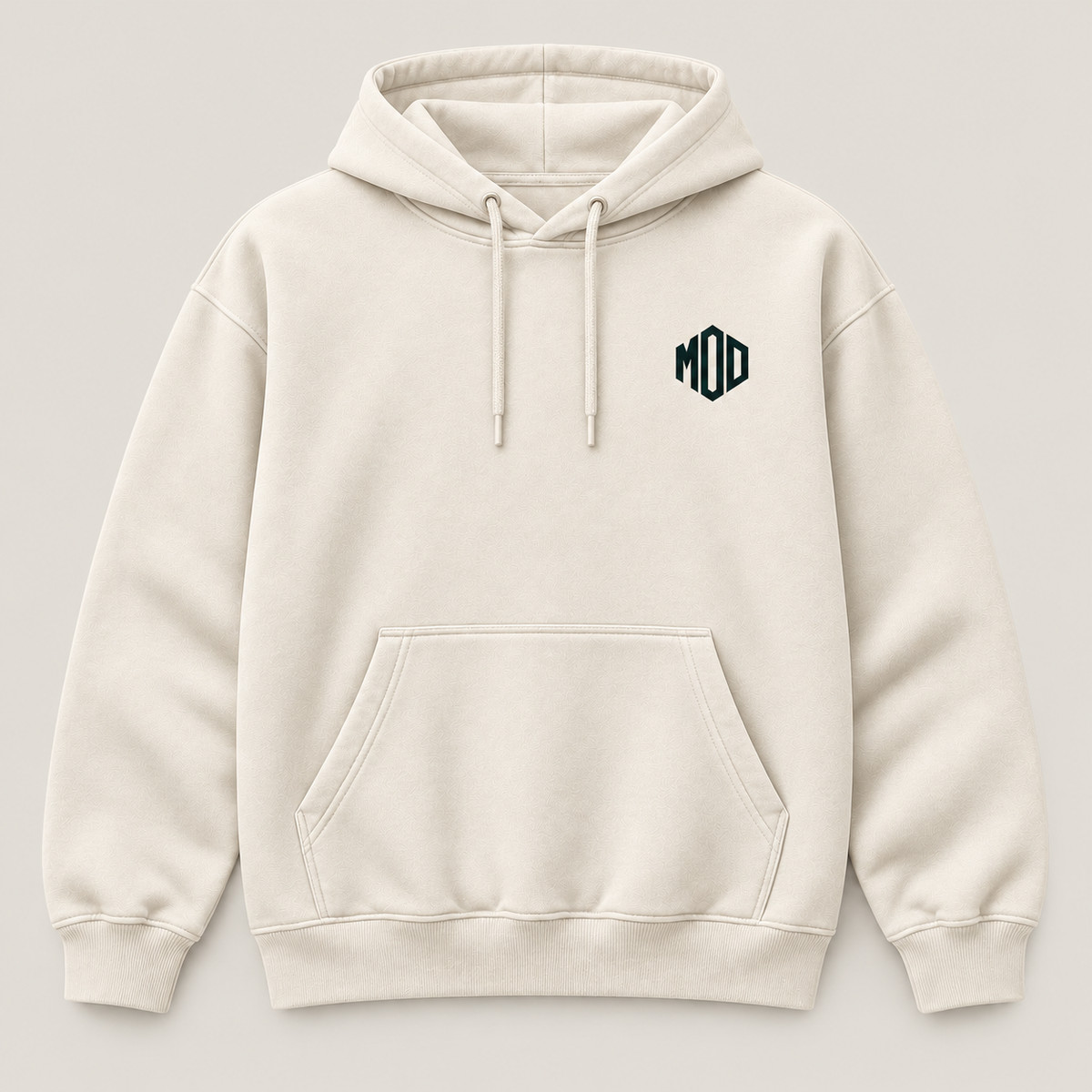 Concept ivory hoodie, front view, with monogram MOD logo on the left chest.